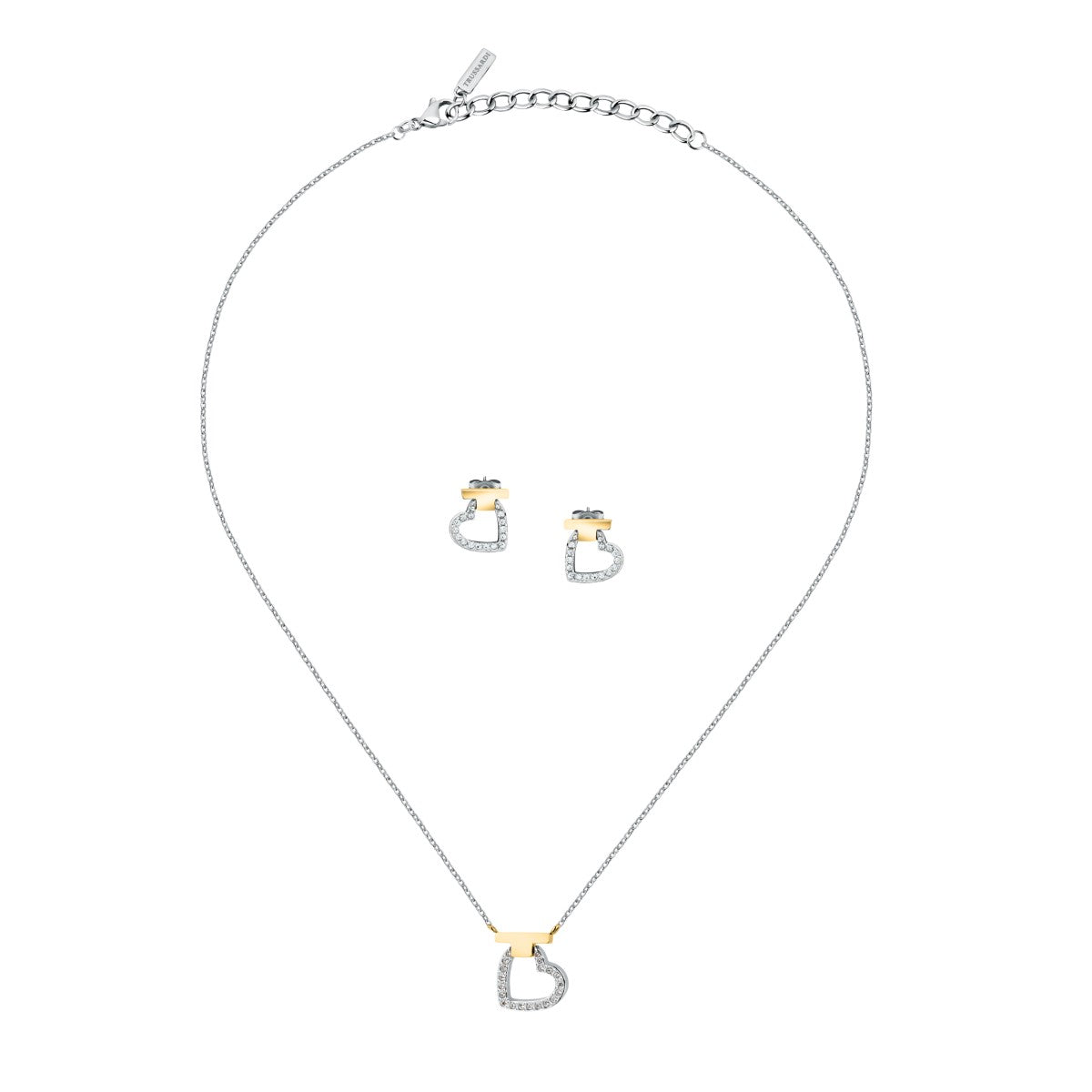 Zestaw biżuterii stalowy z cyrkoniami - serca - Trussardi T-Logo Hoop