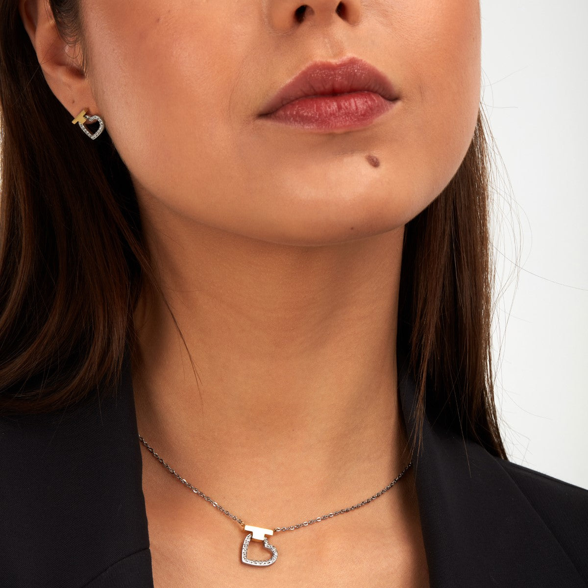 Zestaw biżuterii stalowy z cyrkoniami - serca - Trussardi T-Logo Hoop