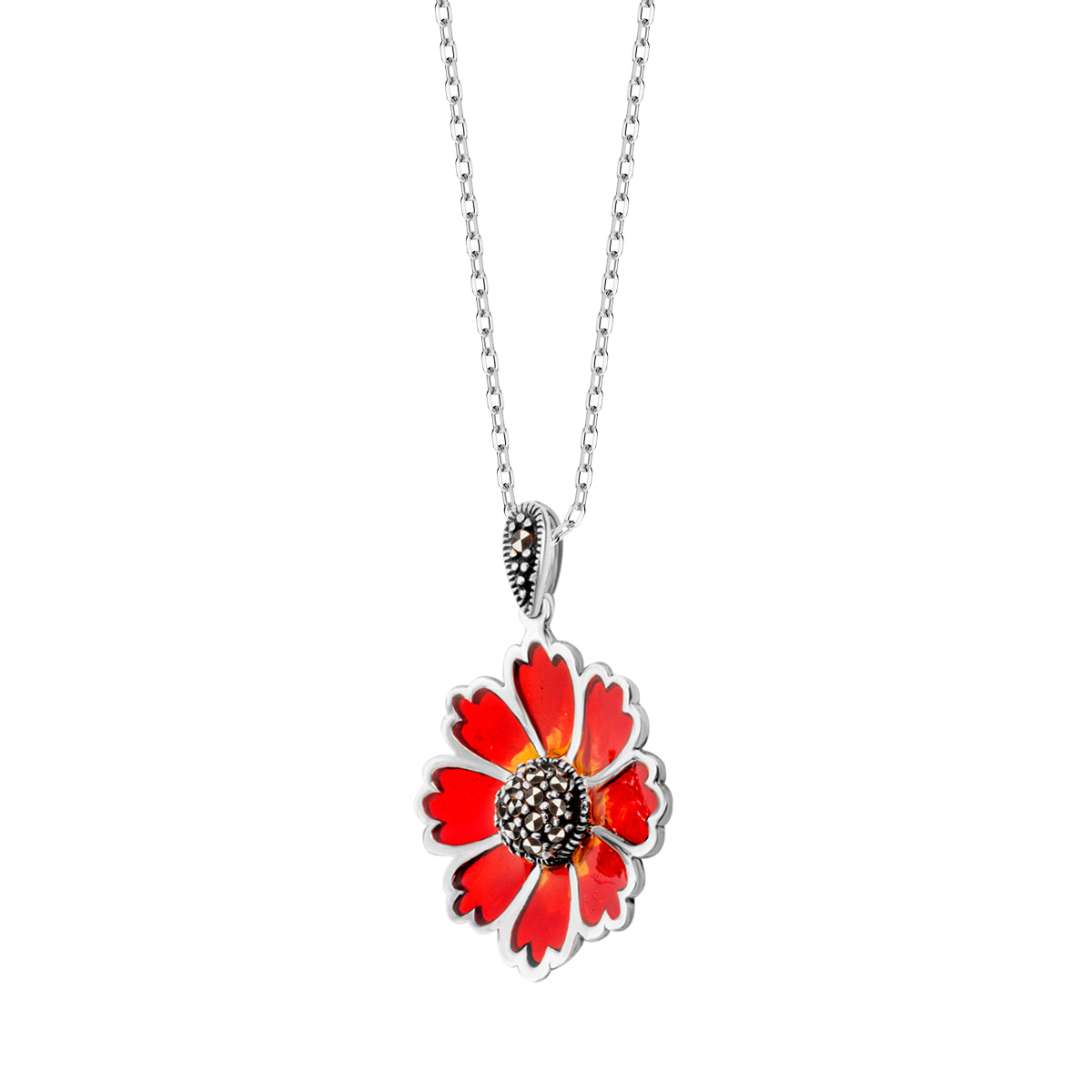 Zawieszka srebrna z markazytami i emalią - kwiat - Tajemniczy Ogród