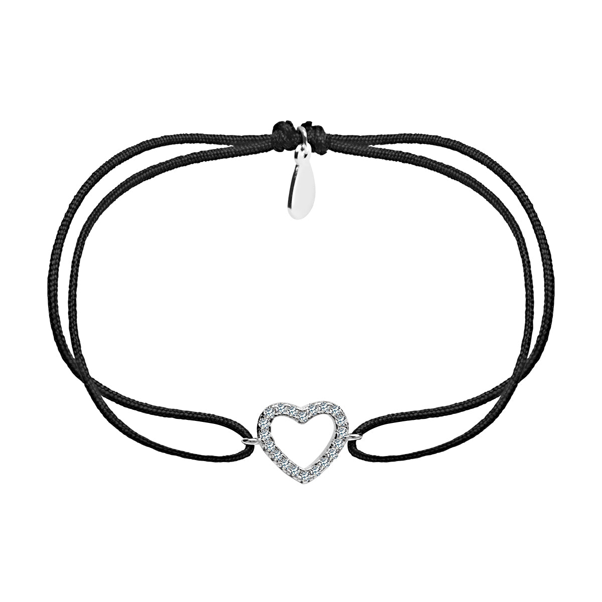 Bransoletka srebrna na czarnym sznurku z cyrkoniami - serce - Bambini