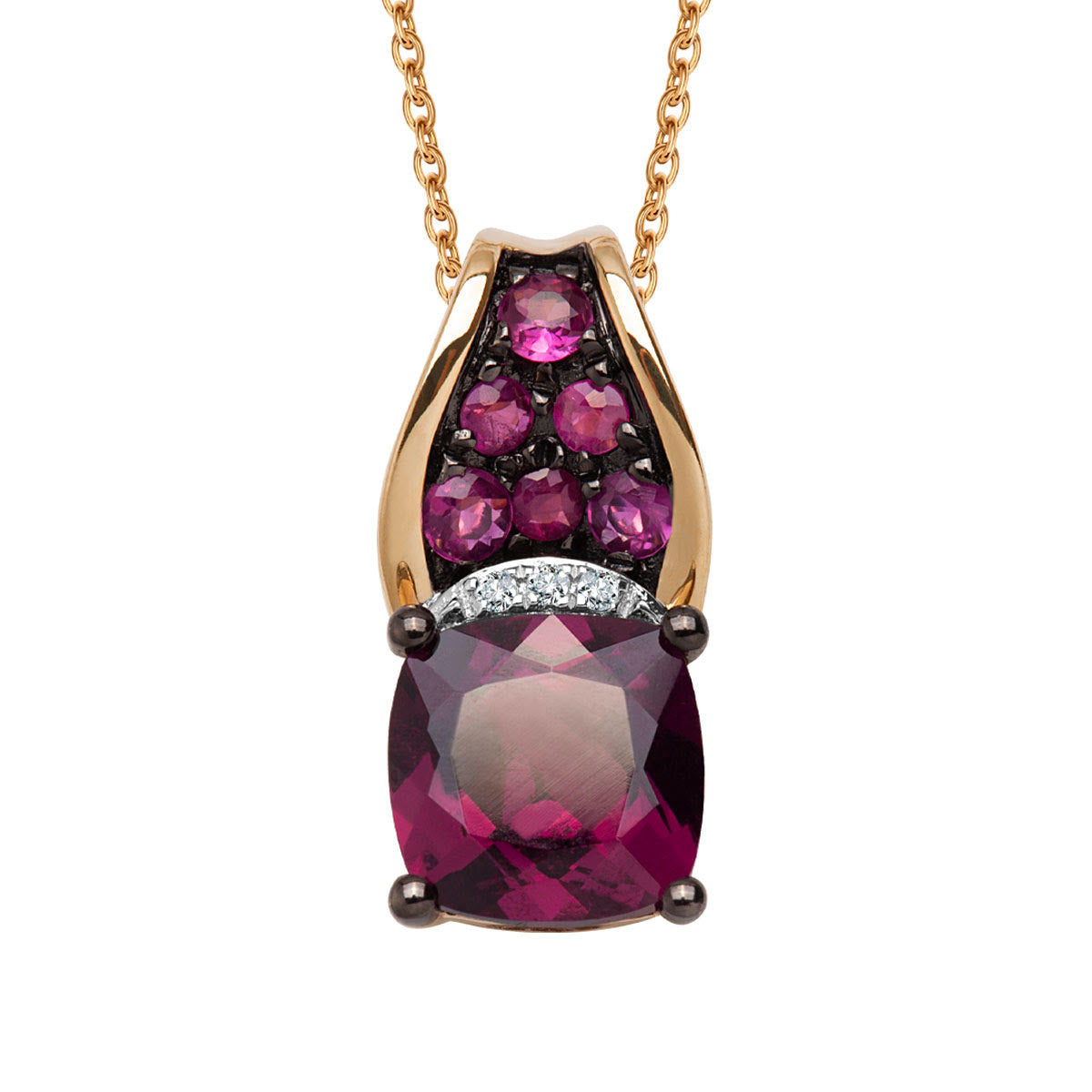 Zawieszka złota z diamentami, rubinami i rodolitem