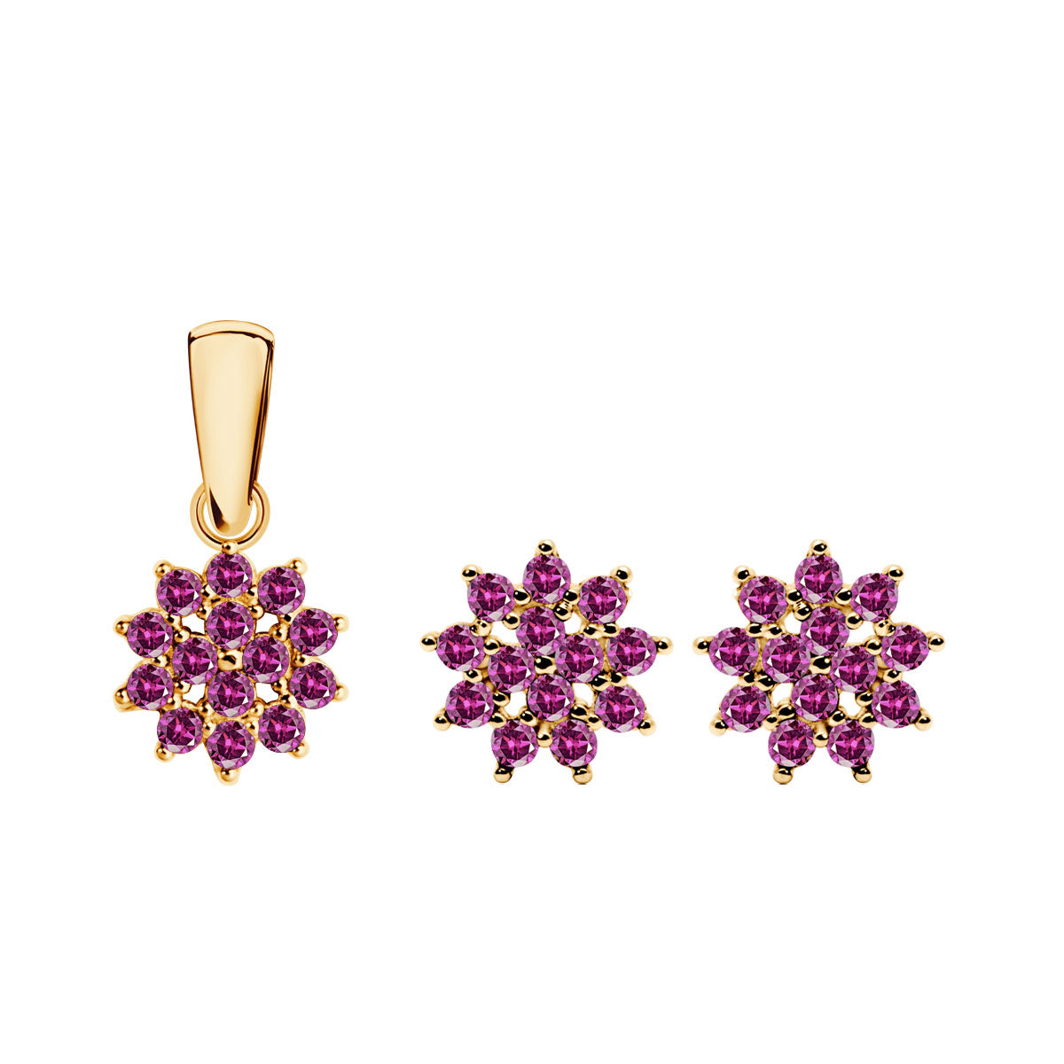 Komplet biżuterii złotej z różowymi cyrkoniami - kwiaty