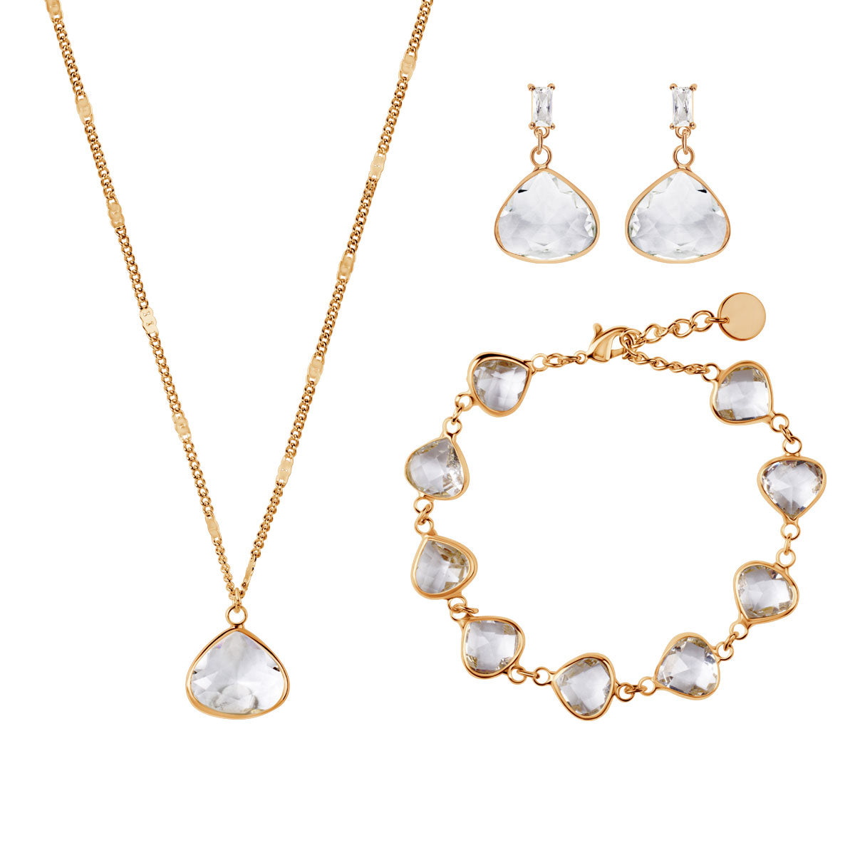 Komplet biżuterii z mosiądzu pozłacany z bezbarwnym oczkiem