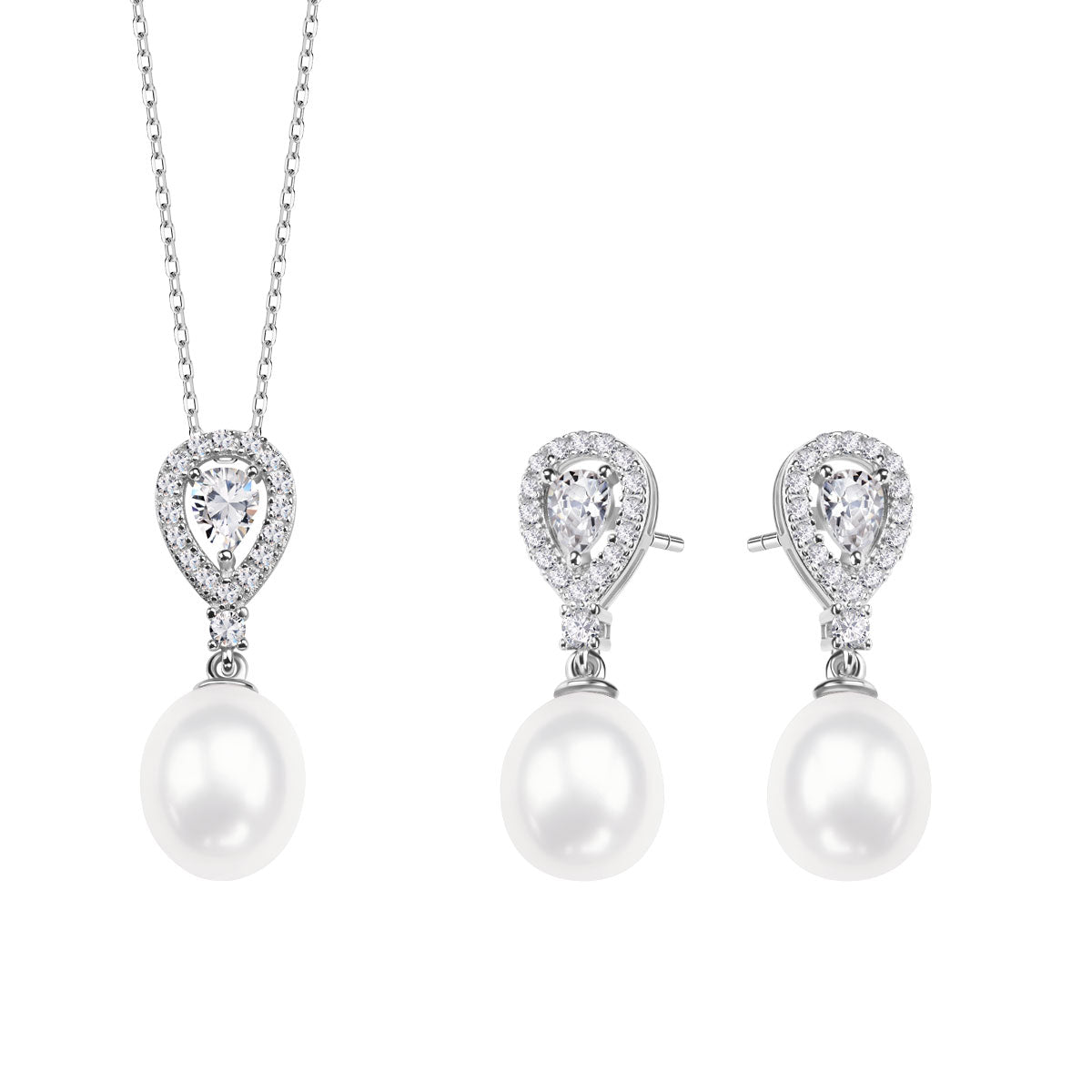 Komplet biżuterii srebrnej - perły z cyrkoniami