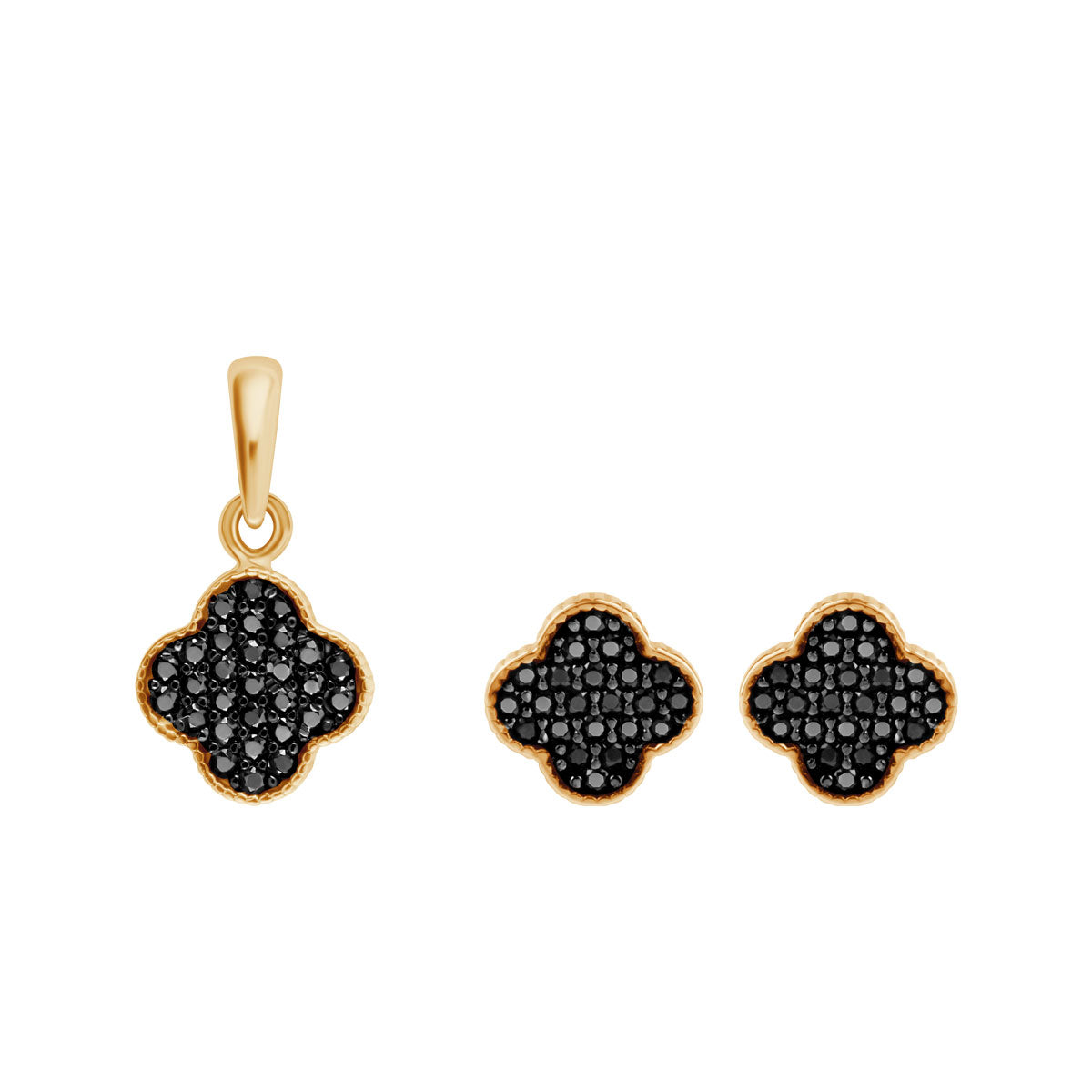 Komplet biżuterii złotej z czarnymi cyrkoniami - koniczynka