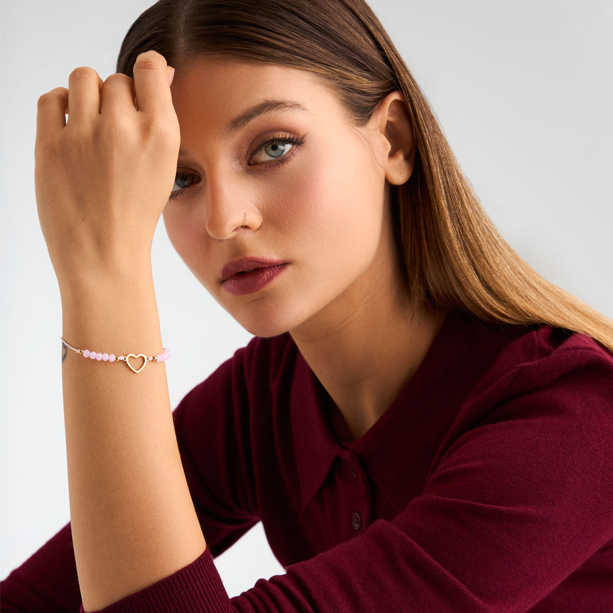 Bransoletka stalowa na sznurku ze szkłem - serce - Moderno