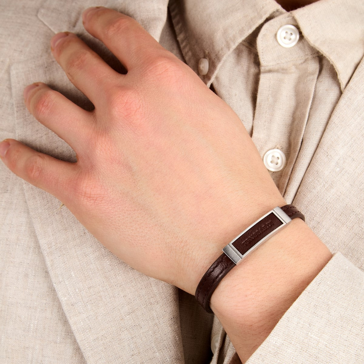 Bransoletka stalowa z brązową skórą - Trussardi T - Leather