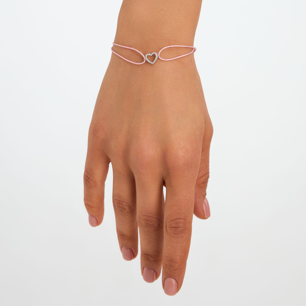 Bransoletka srebrna na różowym sznurku z cyrkoniami - serce - Bambini