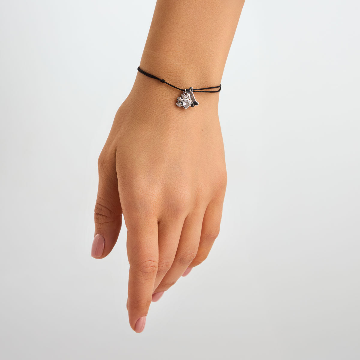 Bransoletka srebrna z cyrkoniami na czarnym sznurku - Bambini