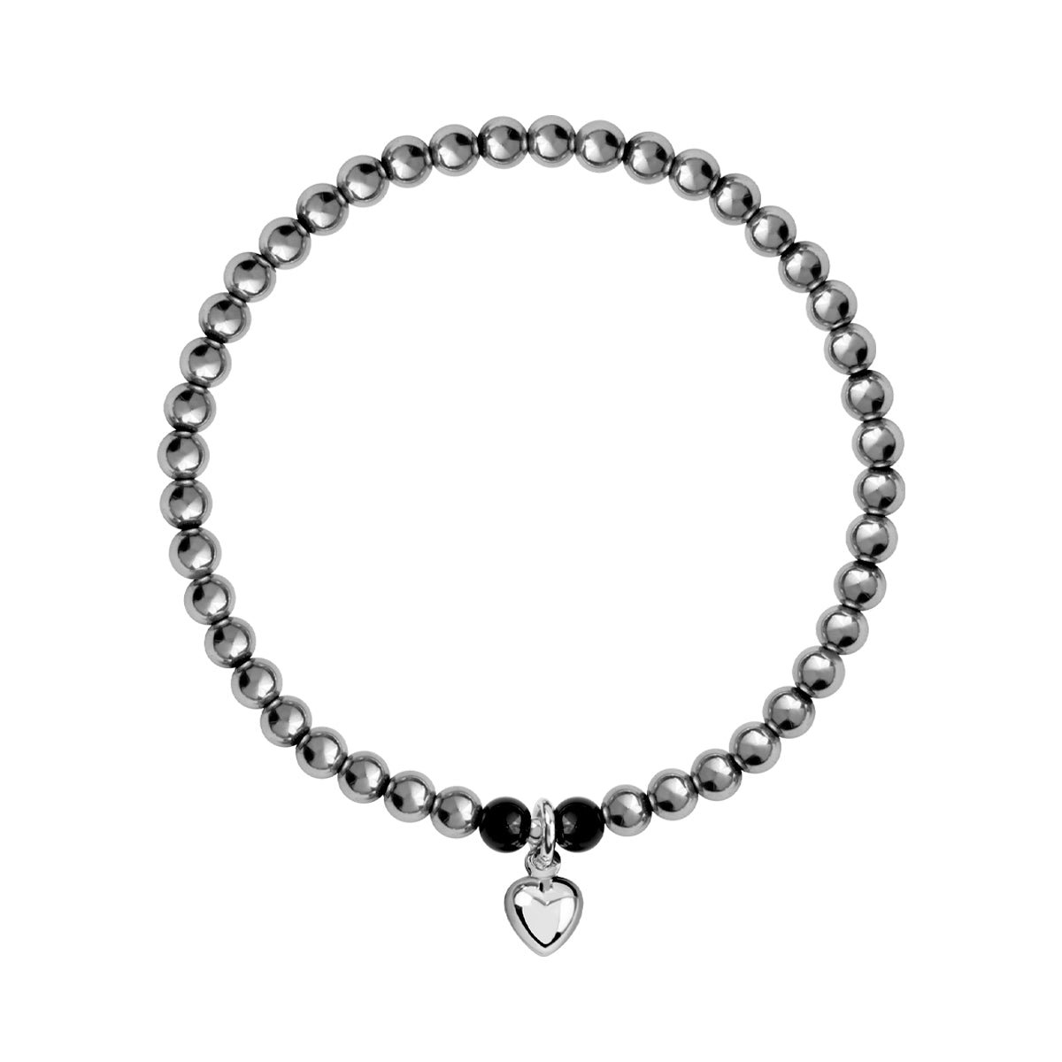 Bransoletka srebrna z hematytem i onyksem - kulki - serce