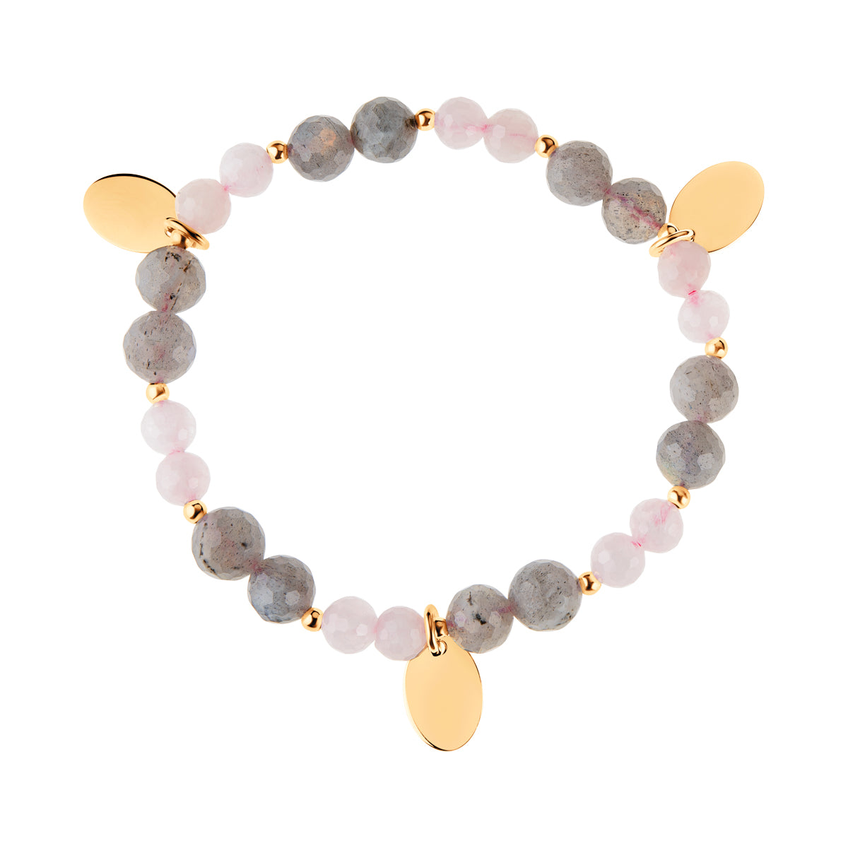 Bransoletka srebrna pozłacana z różowym kwarcem i szarym labradorytem