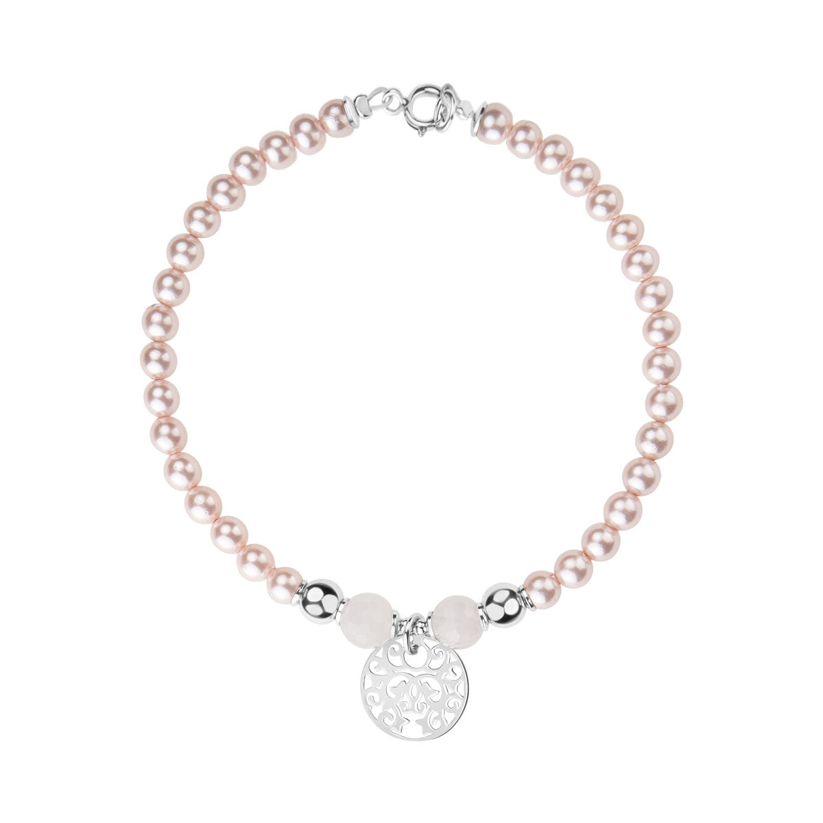 Bransoletka srebrna z różowymi muszlami i kwarcem - kulki
