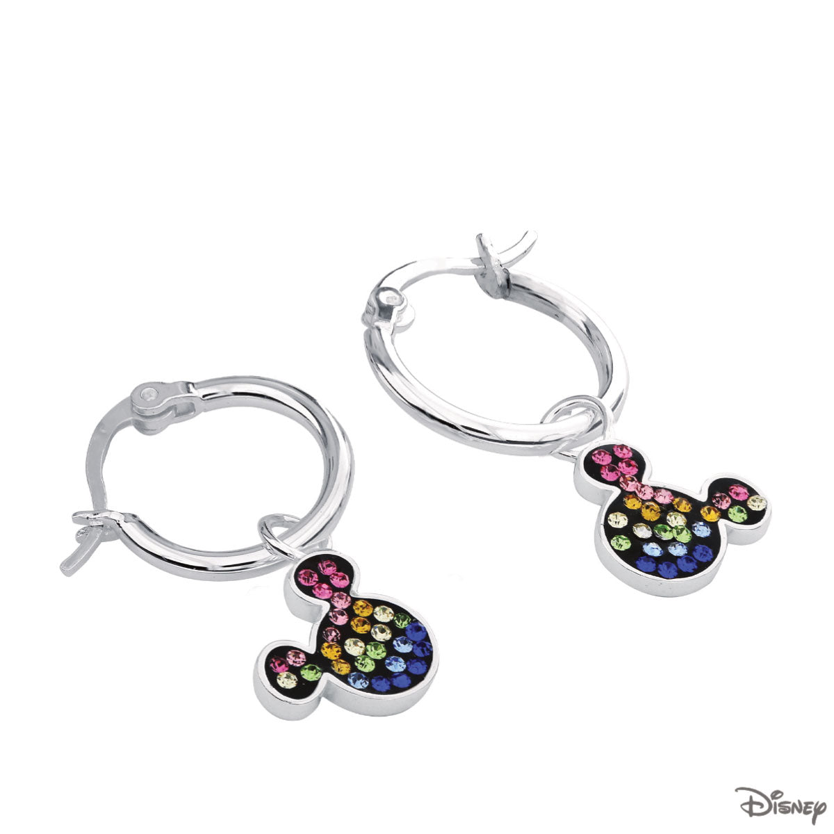 Kolczyki srebrne wiszące z kolorowymi cyrkoniami - Myszka Mickey - Disney