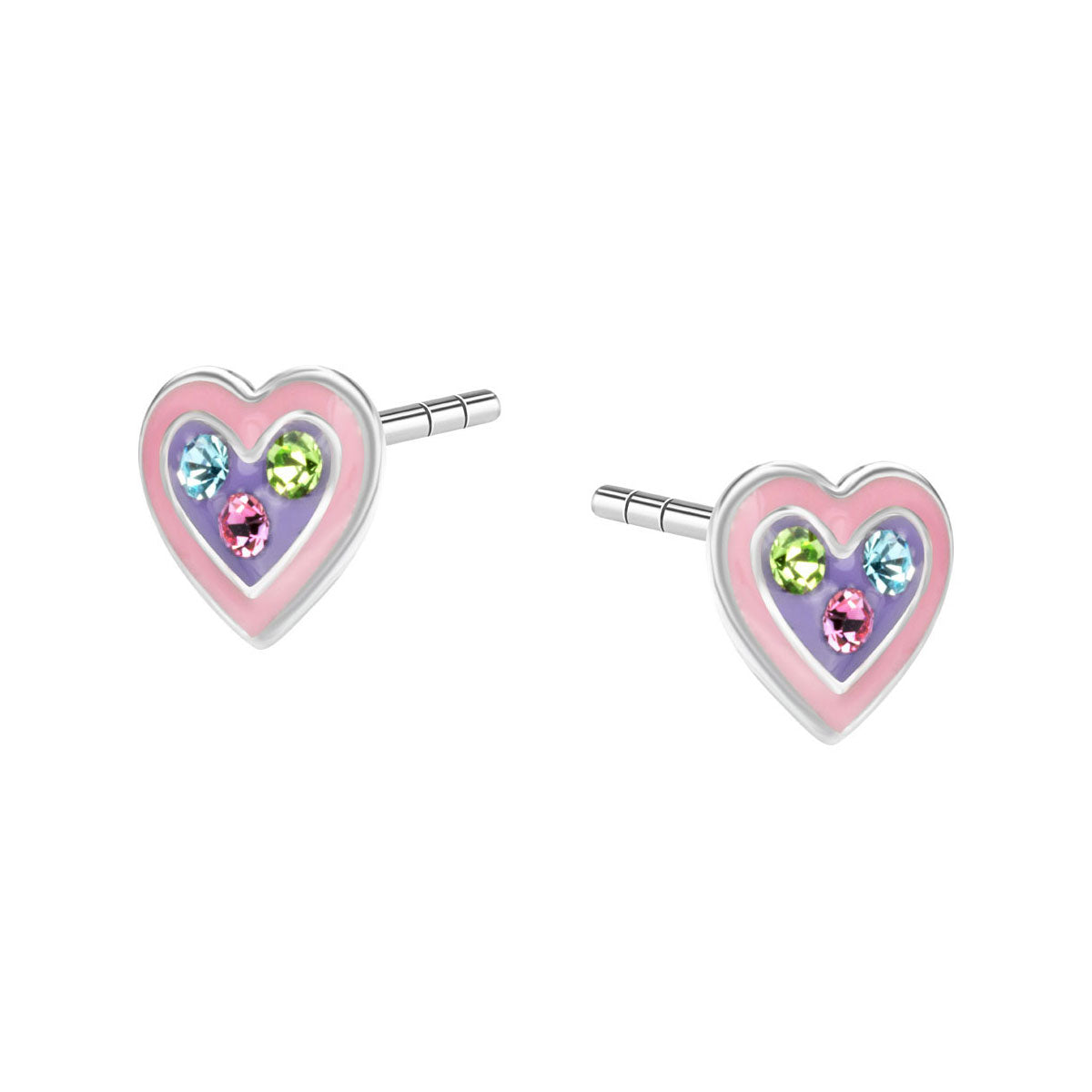 Kolczyki srebrne z emalią i kolorowymi cyrkoniami - serca - Bambini