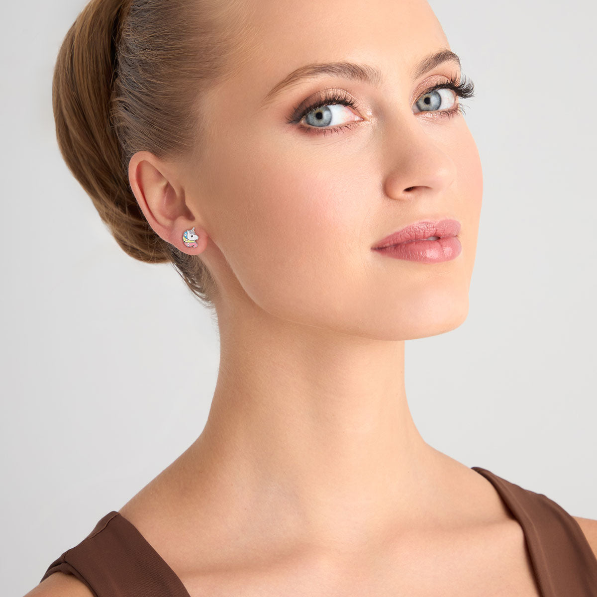 Kolczyki srebrne z kolorową emalią i cyrkoniami - jednorożec - Bambini