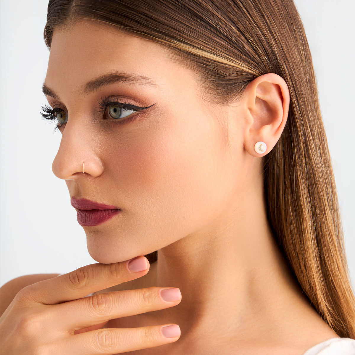 Kolczyki srebrne pozłacane z masą perłową i cyrkoniami - gwiazda - księżyc