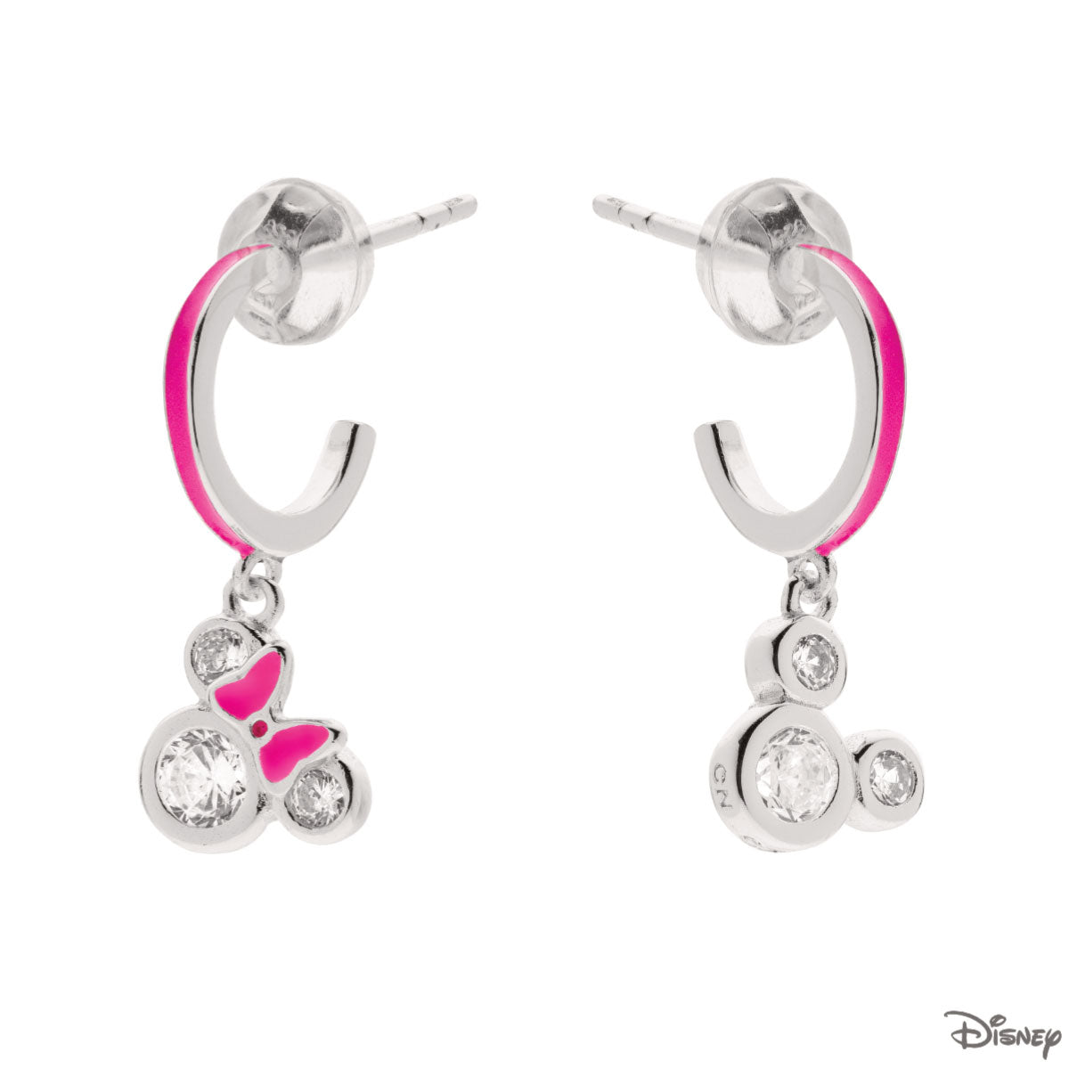 Kolczyki srebrne wiszące z różową emalią - Myszka Minnie - Disney