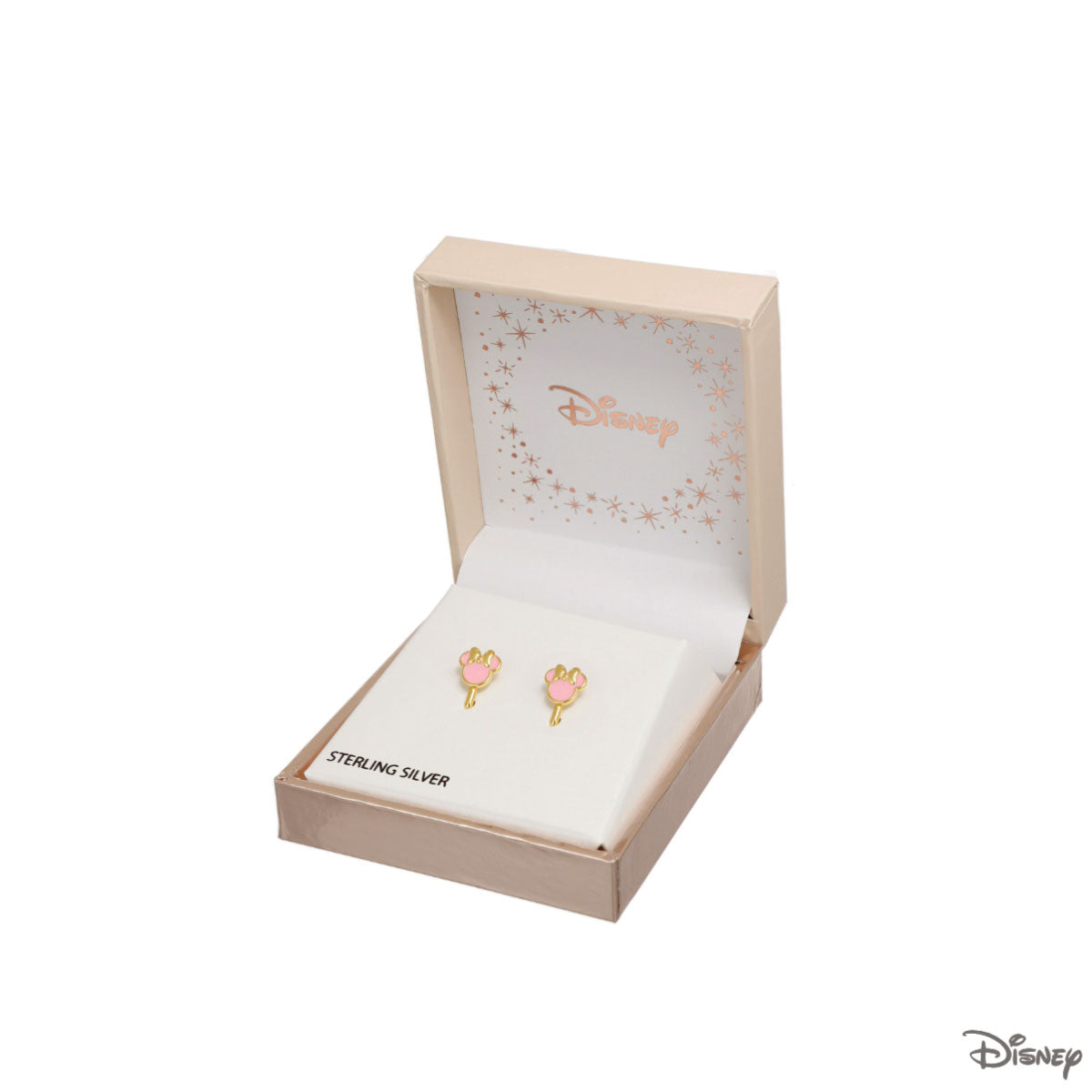 Kolczyki srebrne pozłacane z różową emalią - Myszka Minnie - Disney