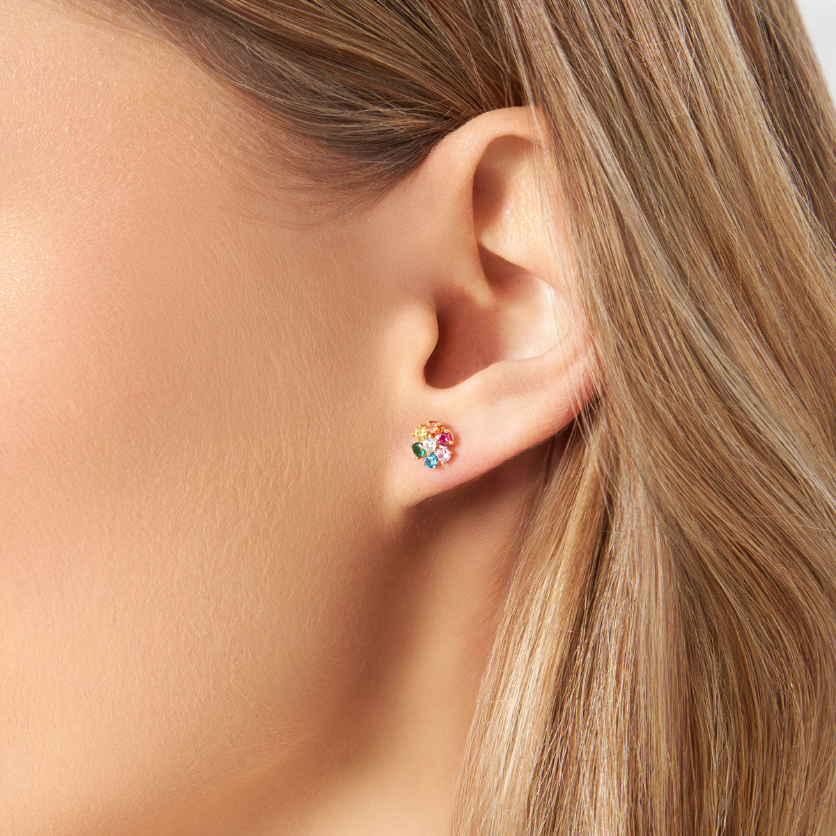 Kolczyki srebrne pozłacane z kolorowymi cyrkoniami - kwiaty - Verona