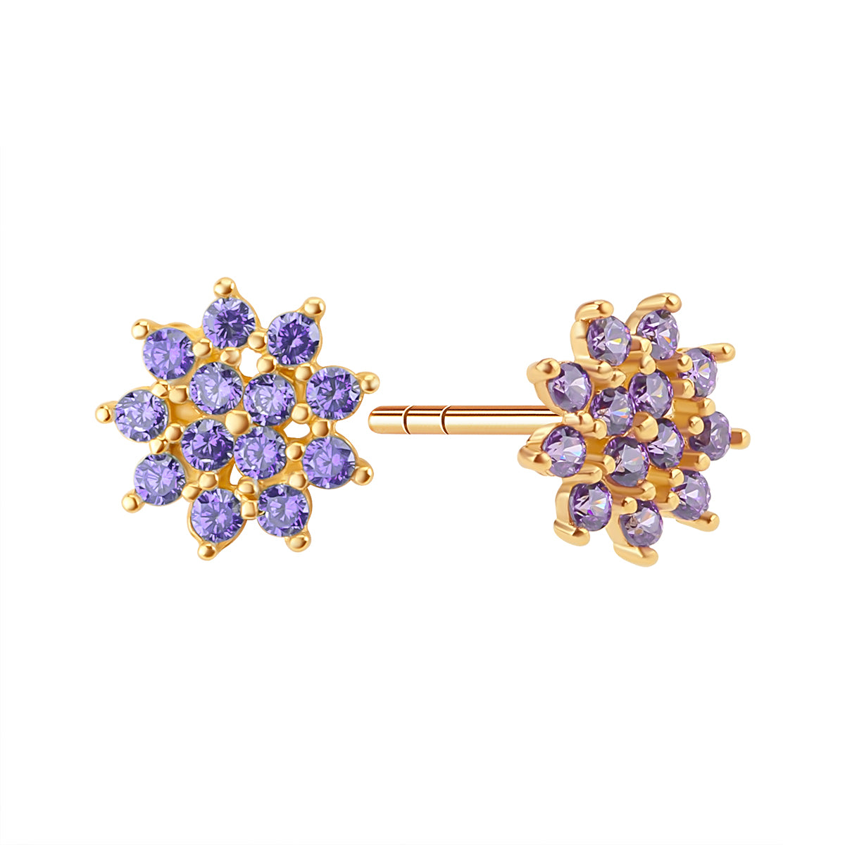 Kolczyki złote z fioletowymi cyrkoniami - kwiaty