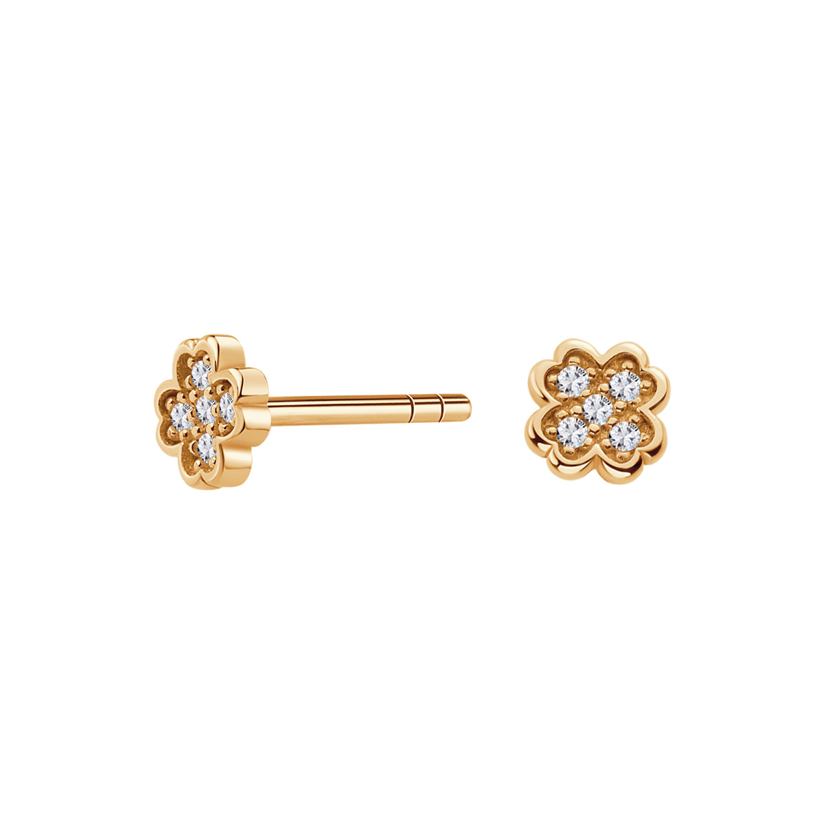 Kolczyki złote z bezbarwymi cyrkoniami - koniczynki - kwiaty