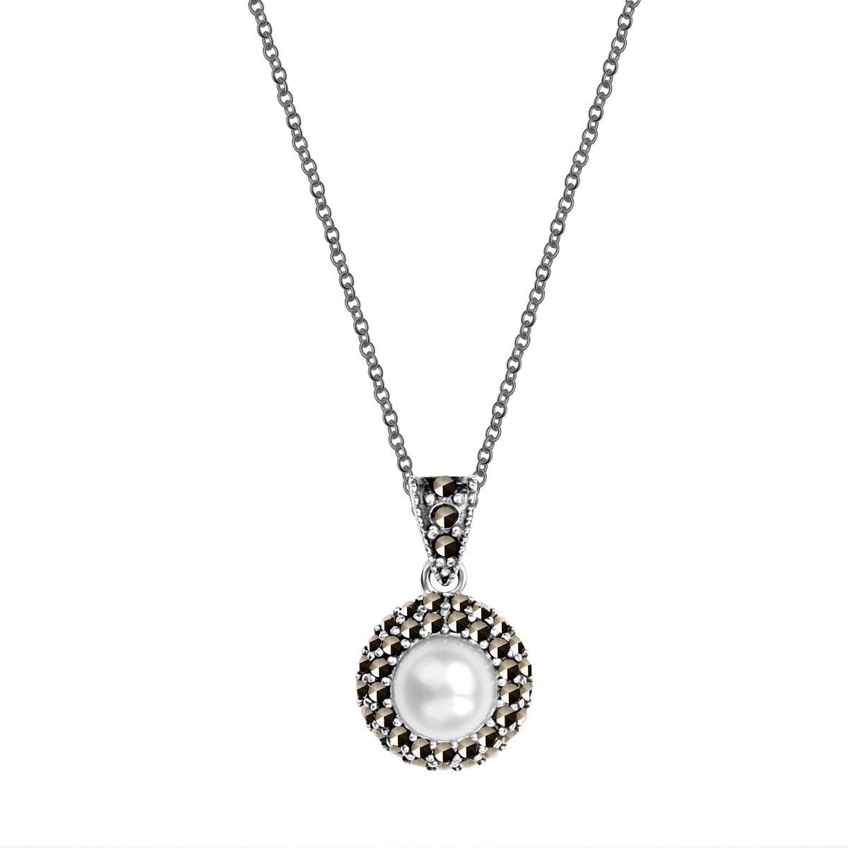 Naszyjnik srebrny z perłą i markazytami