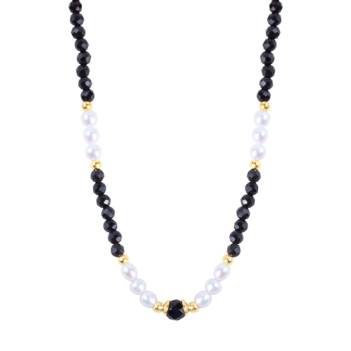 Naszyjnik srebrny pozłacany z onyksem i perłami - kulki