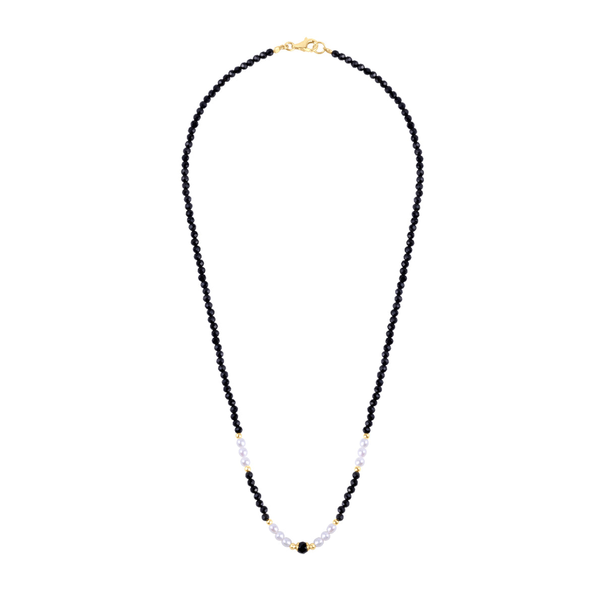 Naszyjnik srebrny pozłacany z onyksem i perłami - kulki