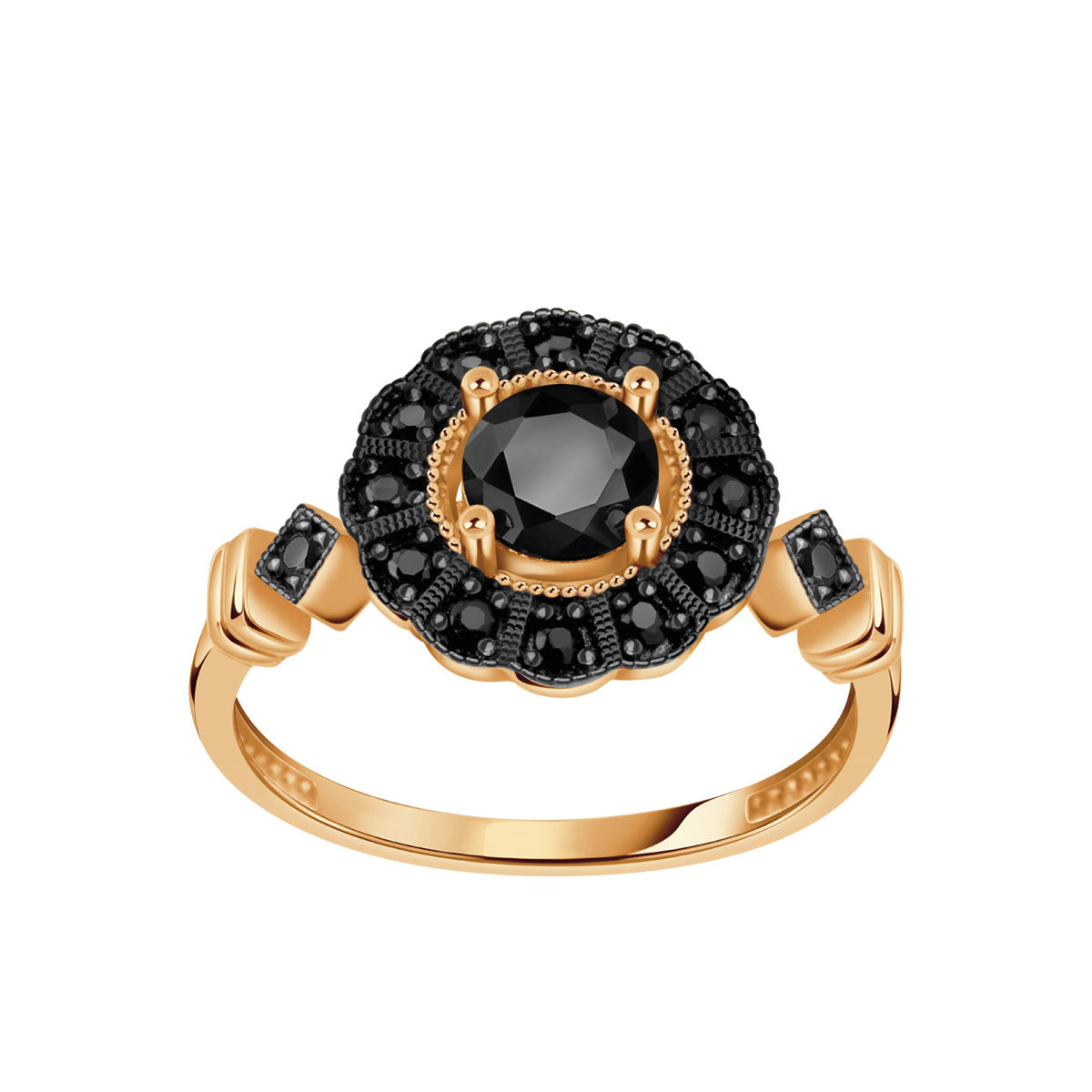 Pierścionek srebrny pozłacany z czarnymi cyrkoniami - Verona