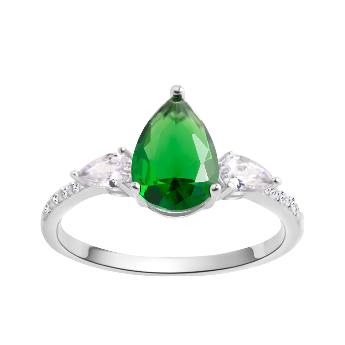 Pierścionek srebrny z zielonym szkłem oraz cyrkoniami