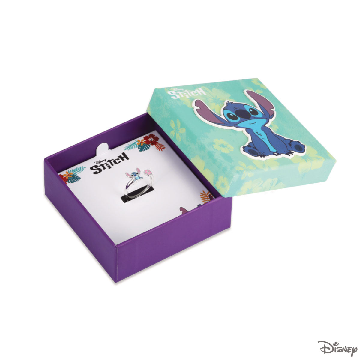 Pierścionek srebrny otwarty - regulowany z kolorową emalią - Stitch - Disney
