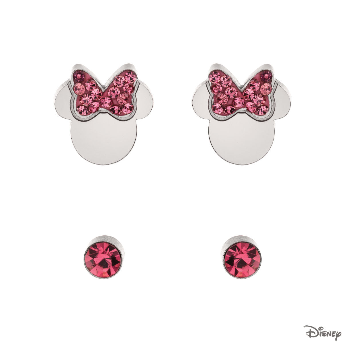 Zestaw stalowych kolczyków z różowymi cyrkoniami - Myszka Minnie - Disney