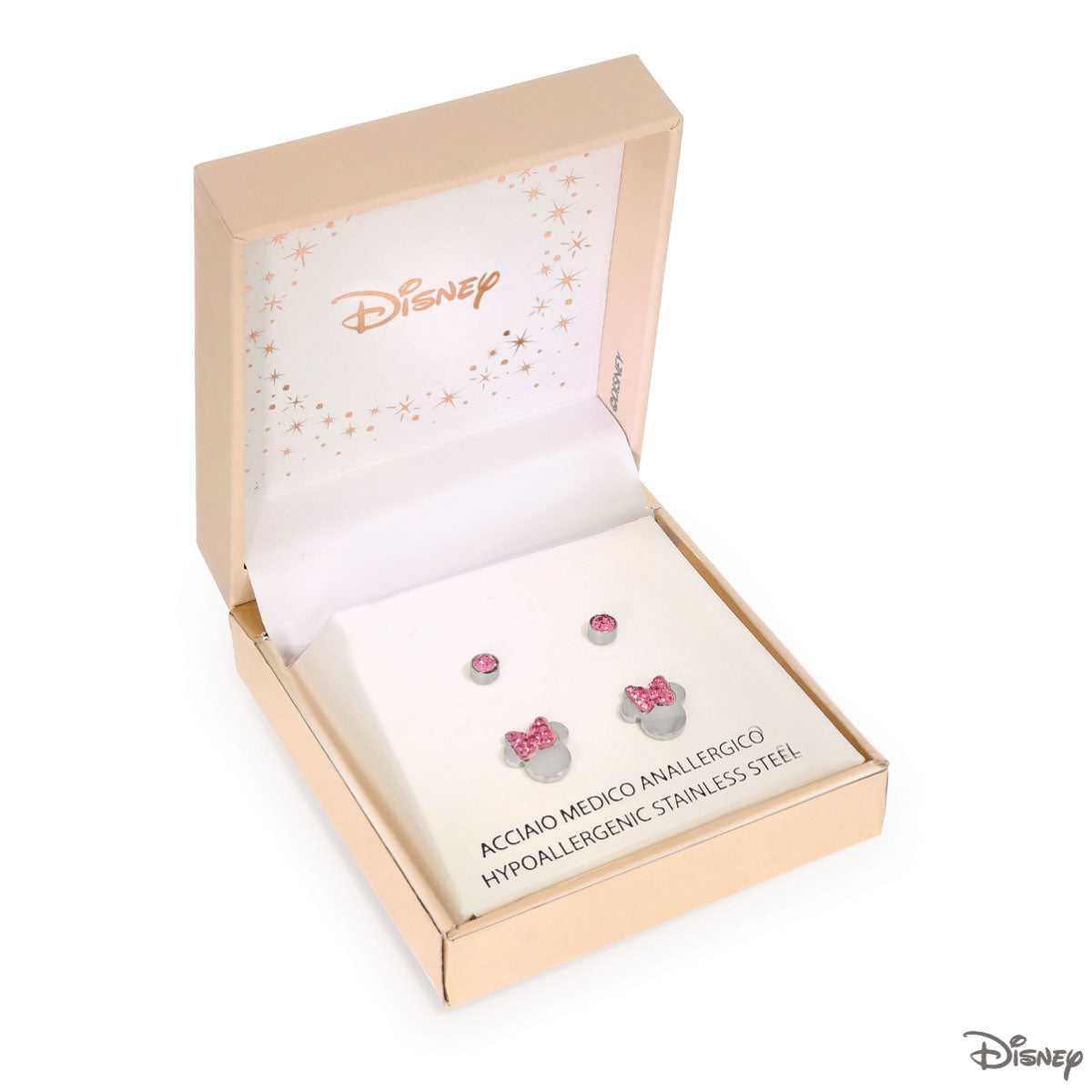 Zestaw stalowych kolczyków z różowymi cyrkoniami - Myszka Minnie - Disney