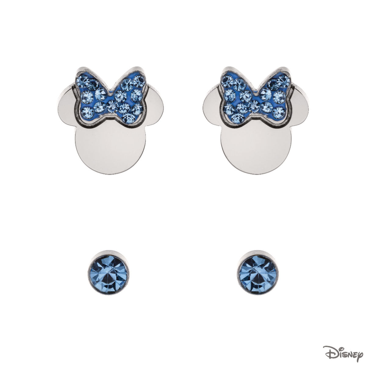 Zestaw stalowych kolczyków z niebieskimi cyrkoniami - Myszka Minnie - Disney